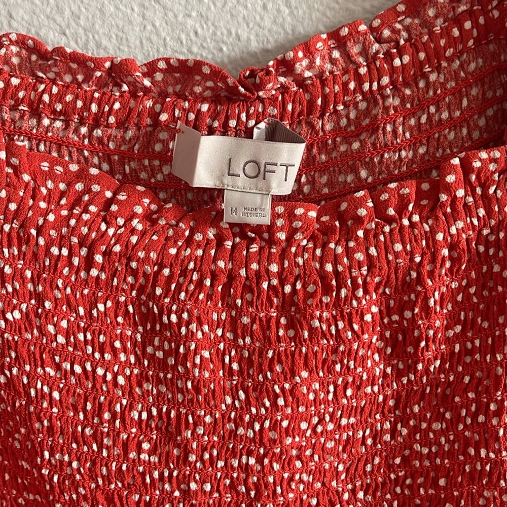 LOFT Red Puff Sleeve Smocked Top - Picture 3 of 6